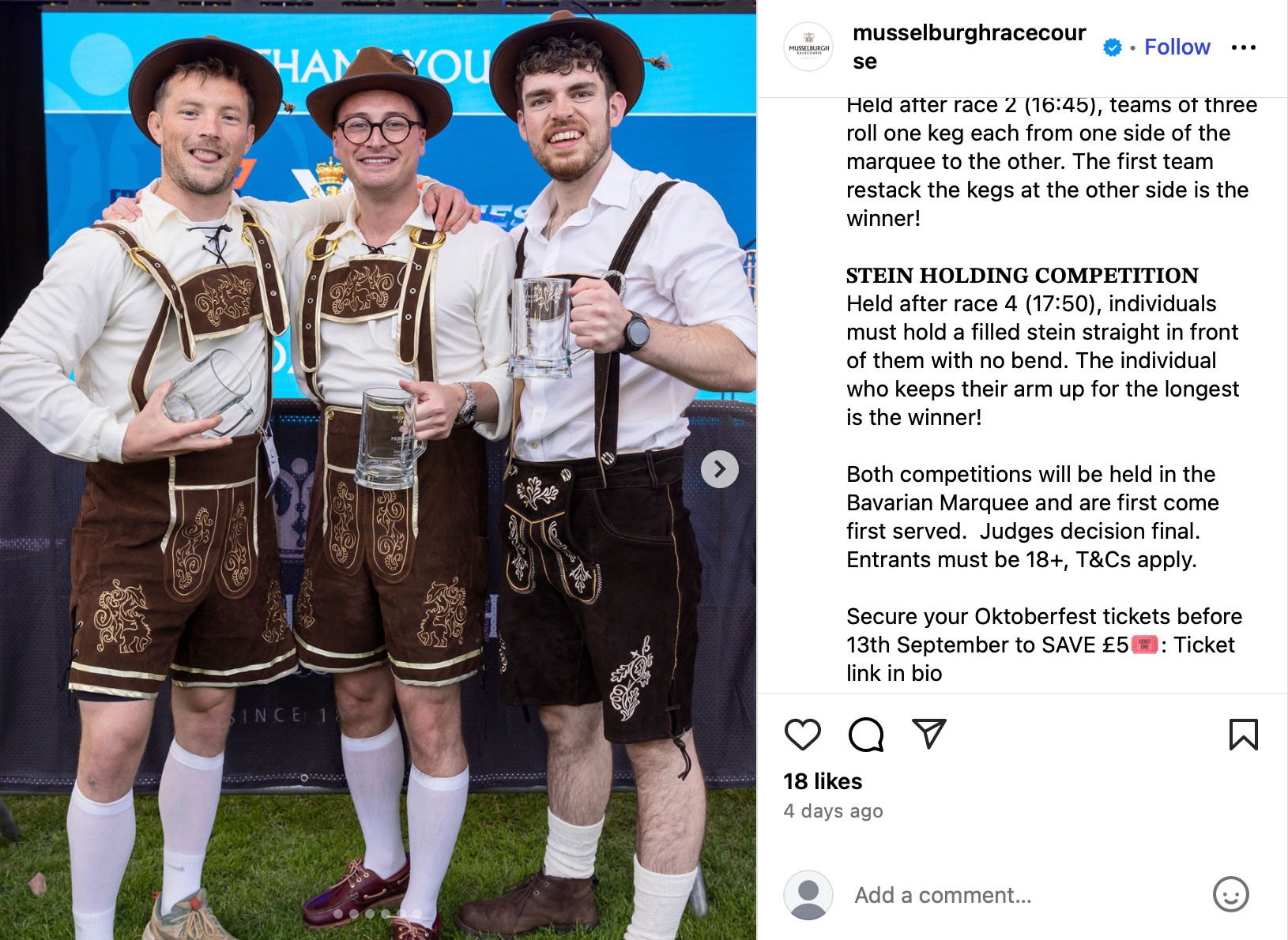 Musselburgh Racecourse Oktoberfest stein holding contest promotion Three men in lederhosen holding beer steins at an Oktoberfest stein holding competition