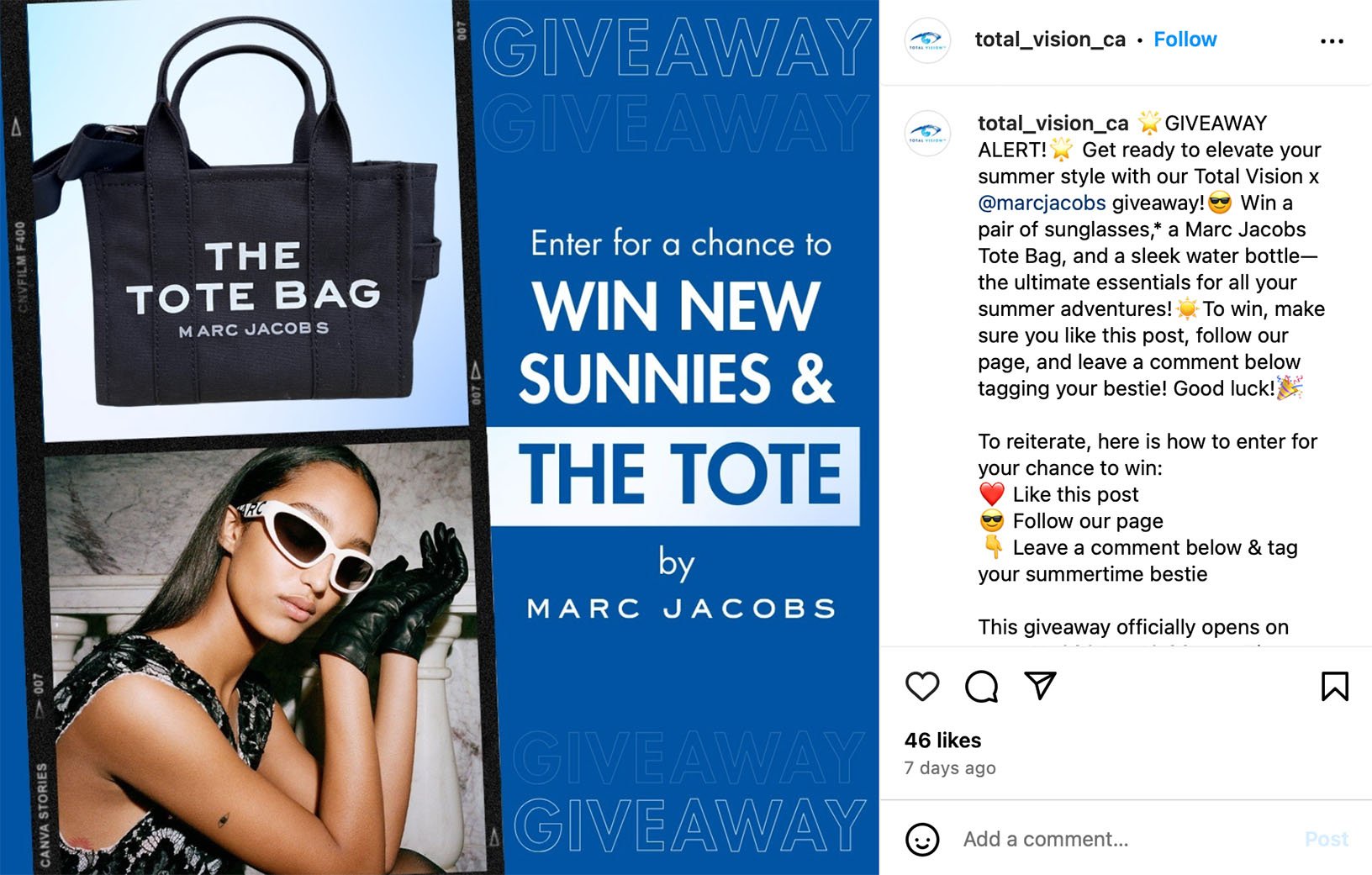 Attract summer audiences with a stylish sunglasses giveaway Instagram post promoting a sunglasses giveaway to attract summer audiences