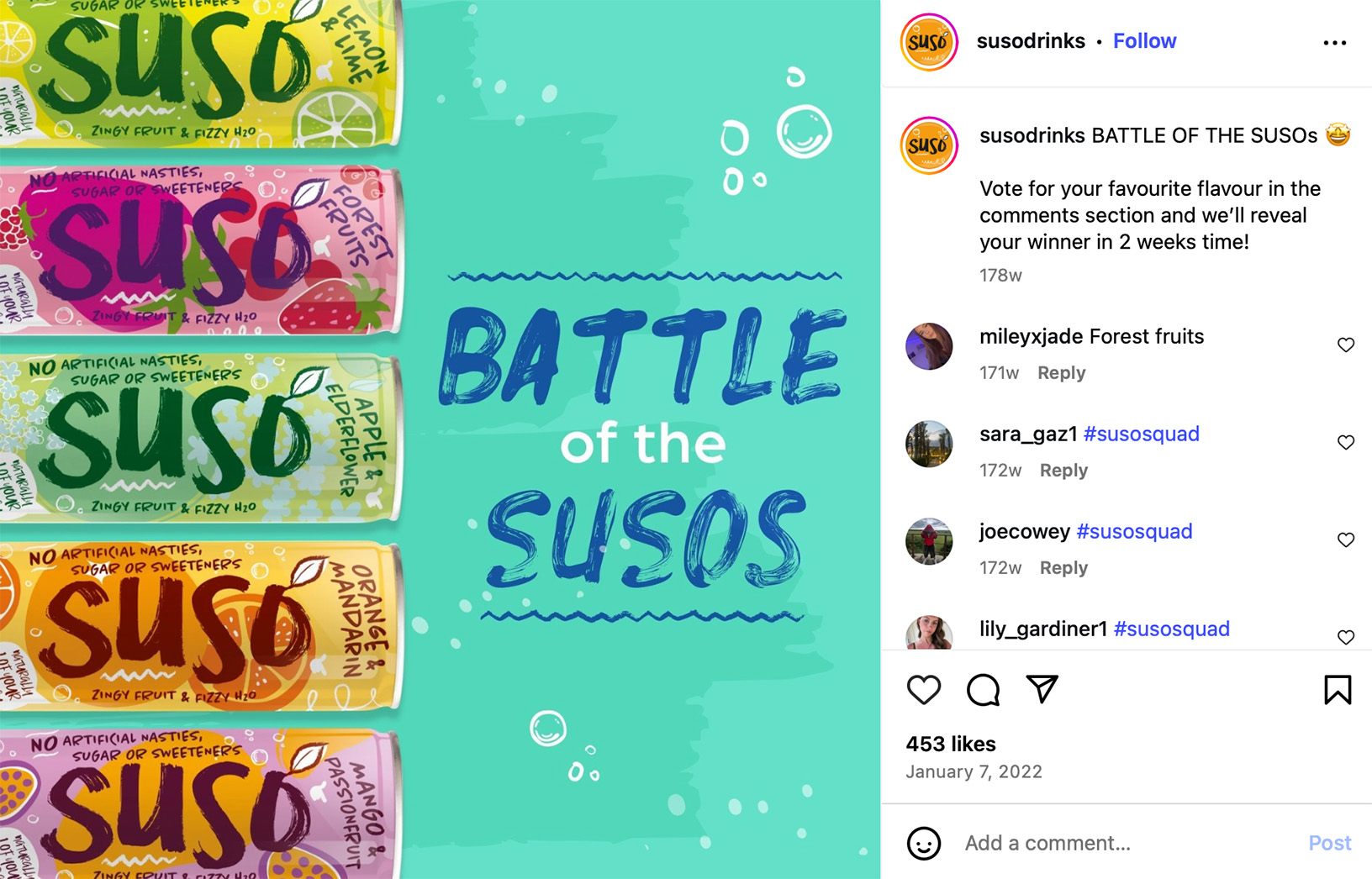 SUSO Instagram Poll — Vote for your favourite flavour to help pick the winner Instagram contest post showing five colourful SUSO cans with the text 'Battle of the SUSOs'
