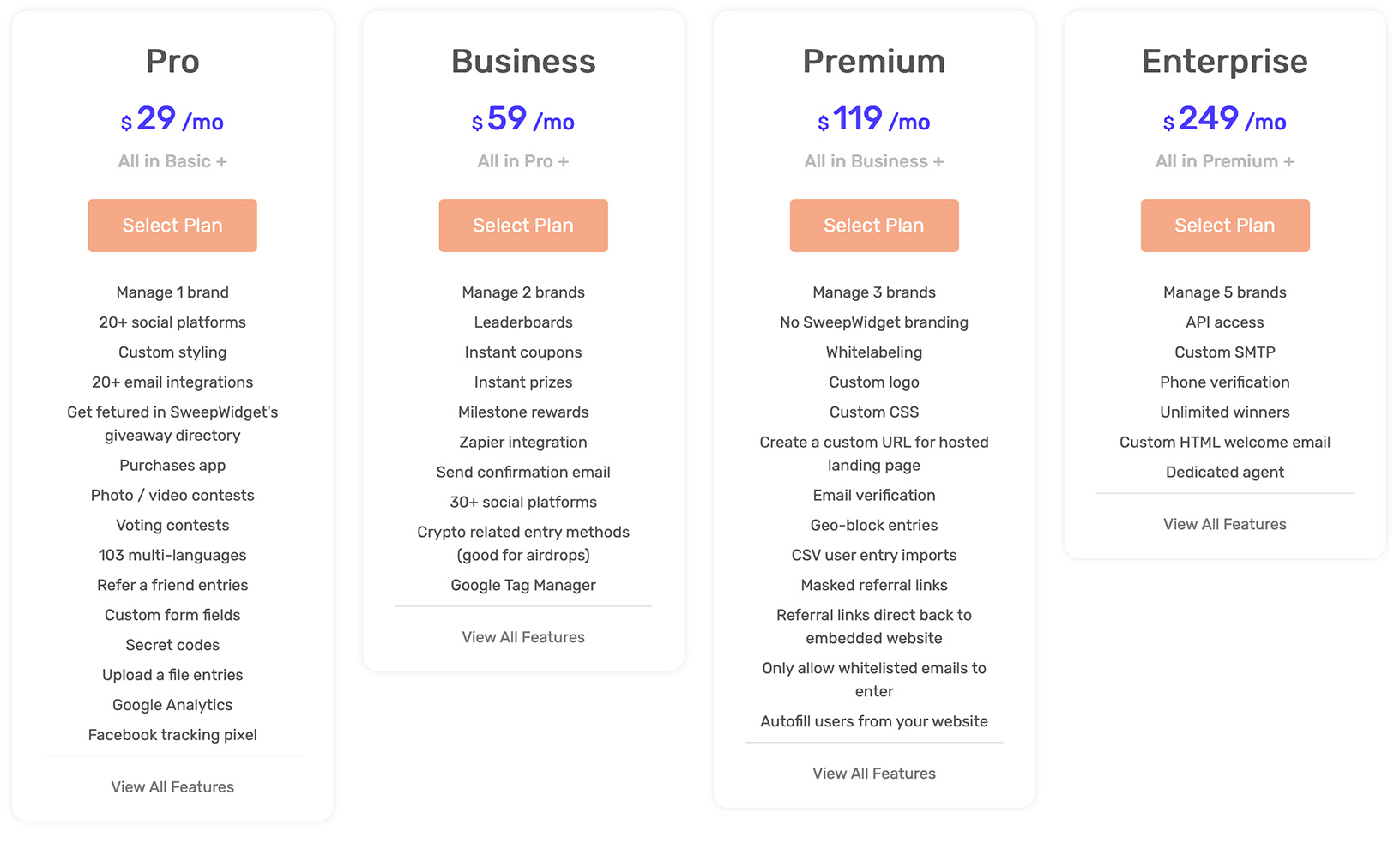 SweepWidget pricing and feature comparison across four plans SweepWidget pricing comparison showing Pro, Business, Premium, and Enterprise plans with features