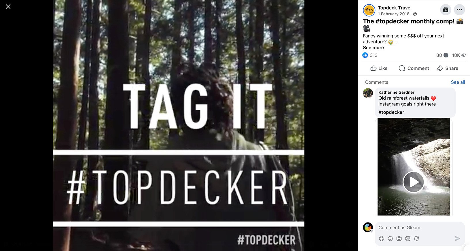 Person walking through a forest with bold text overlay reading 'Tag It #Topdecker'
