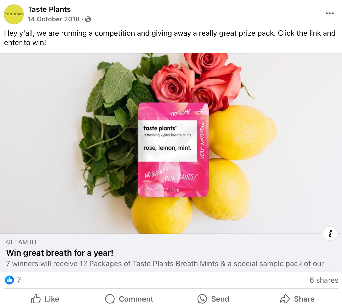 Taste Plants giveaway offers a year's supply of breath mints Taste Plants mints with rose, lemon, and mint arranged behind a pink product pack
