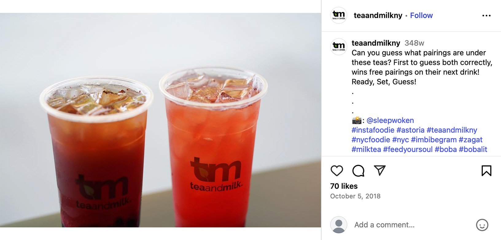Guess the Pairings: Tea and Milk NYC Boba Giveaway Two iced tea drinks from Tea and Milk NYC with boba pairings