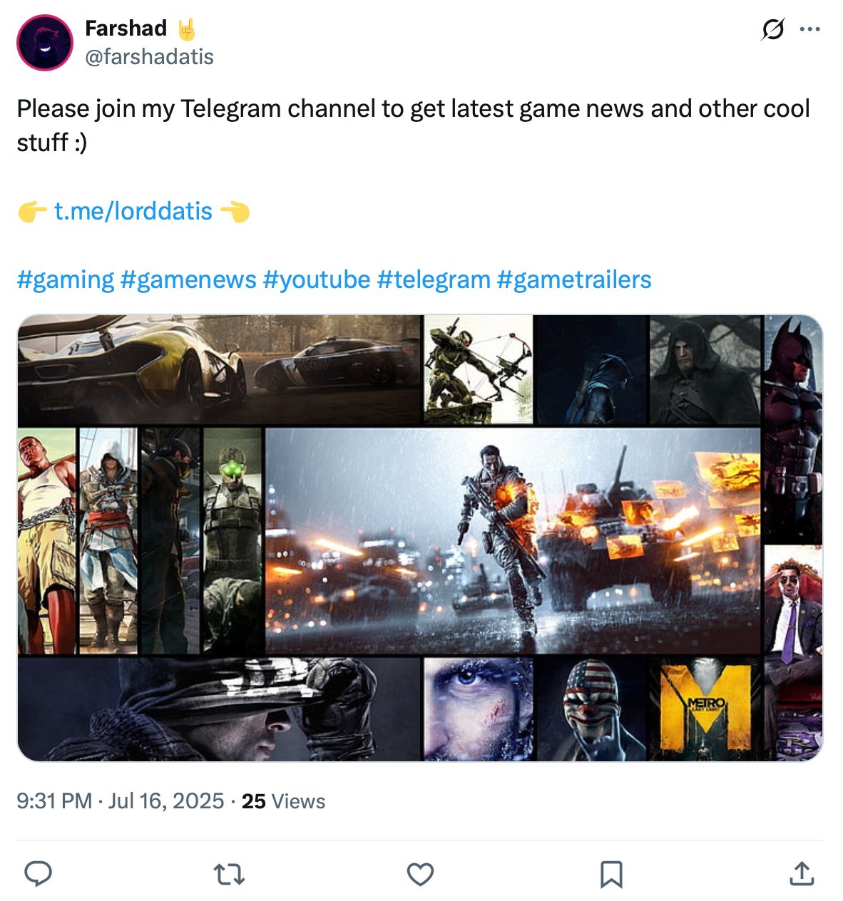 Tweet by Farshad inviting followers to join his Telegram channel for game news and content