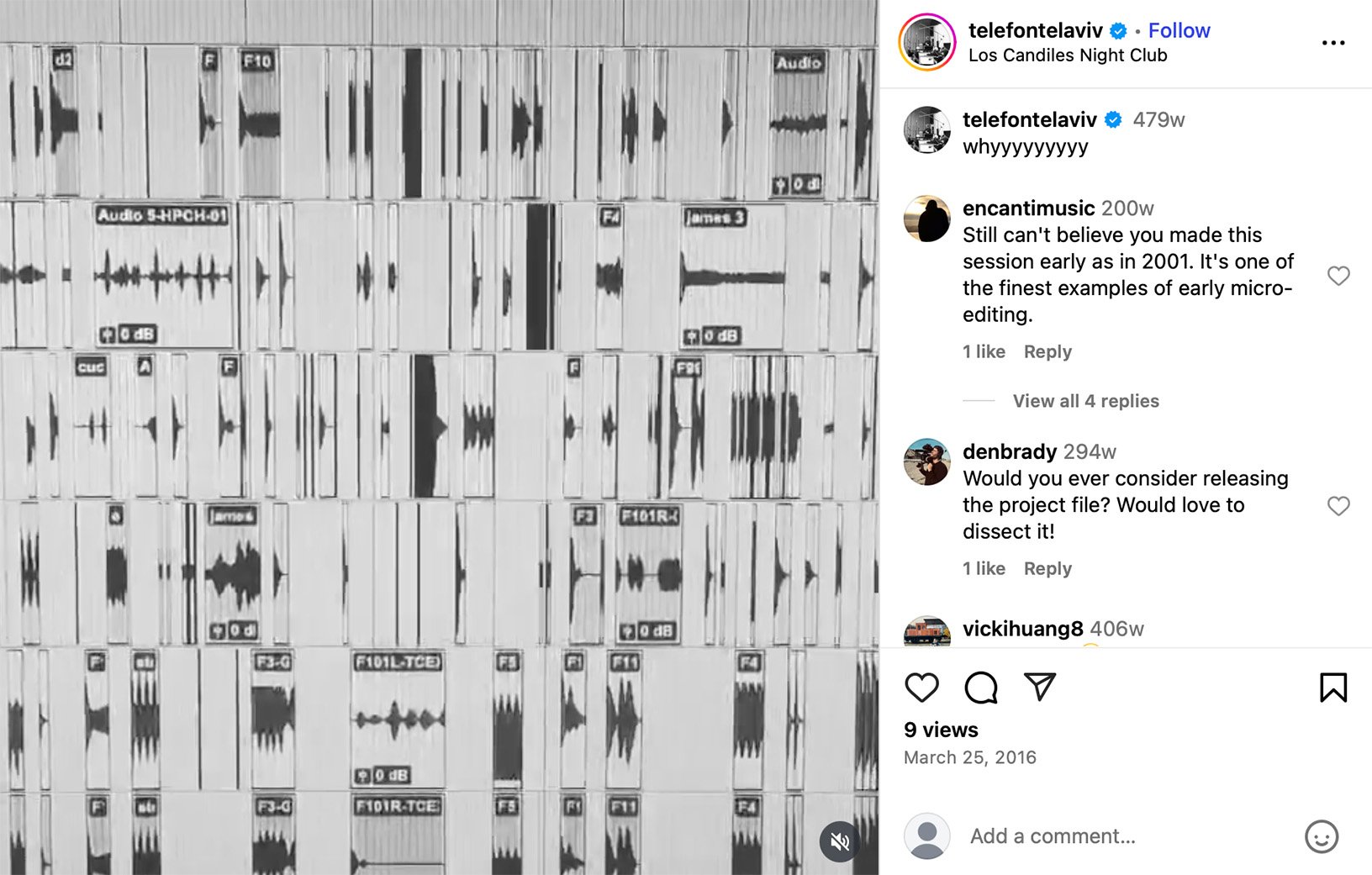 Telefon Tel Aviv shares intricate session view from early micro-editing work Screenshot of a highly edited digital audio workstation session from 2001