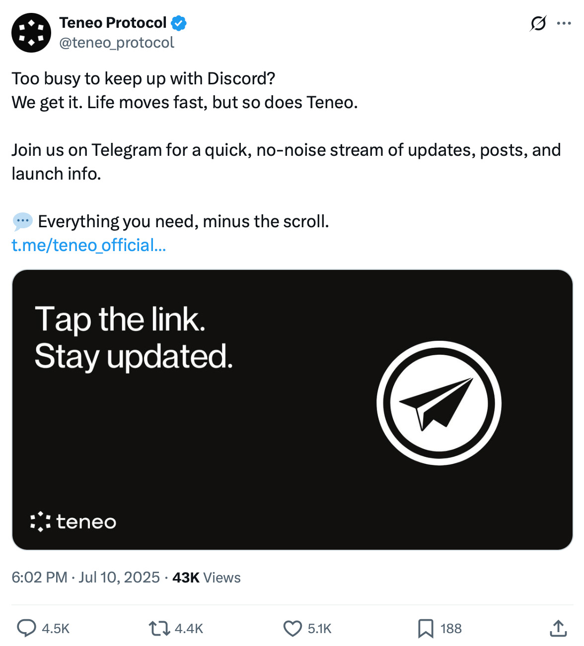 Teneo tweet inviting users to join their Telegram channel for updates instead of Discord
