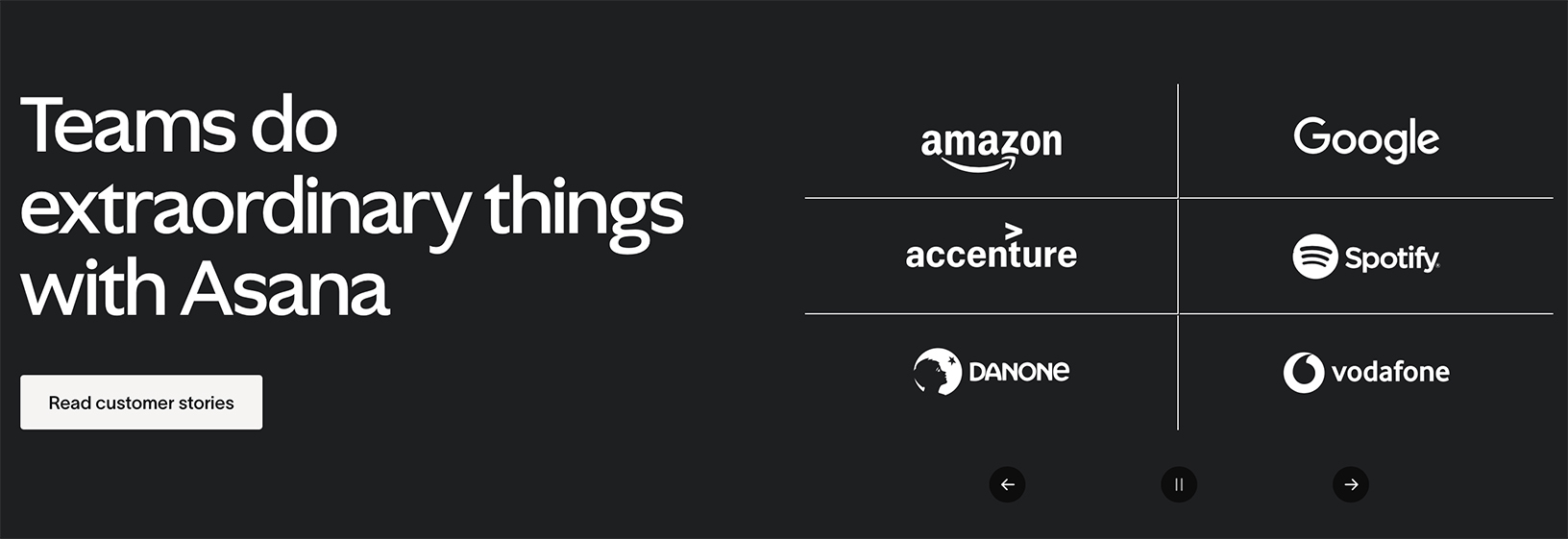 Explore customer testimonials from brands using Asana Asana customer stories page featuring brands like Amazon, Google, and Spotify