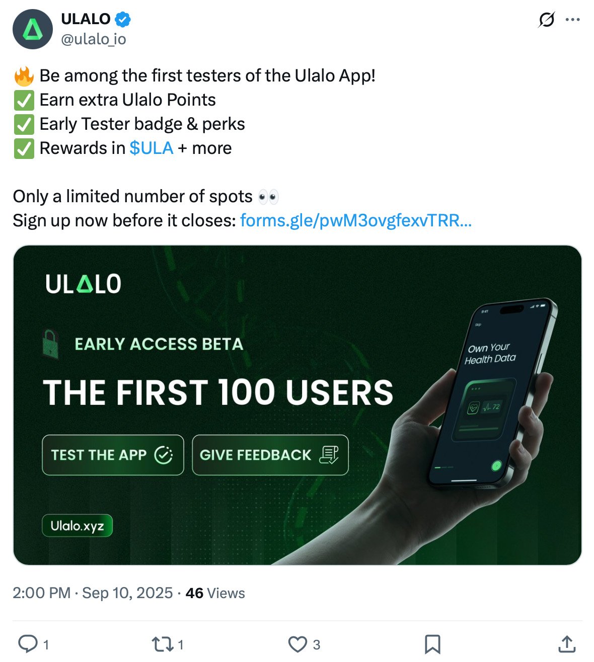Example of a backer-only giveaway rewarding early testers with exclusive access Tweet from Ulalo offering early access beta to the first 100 testers with rewards and perks