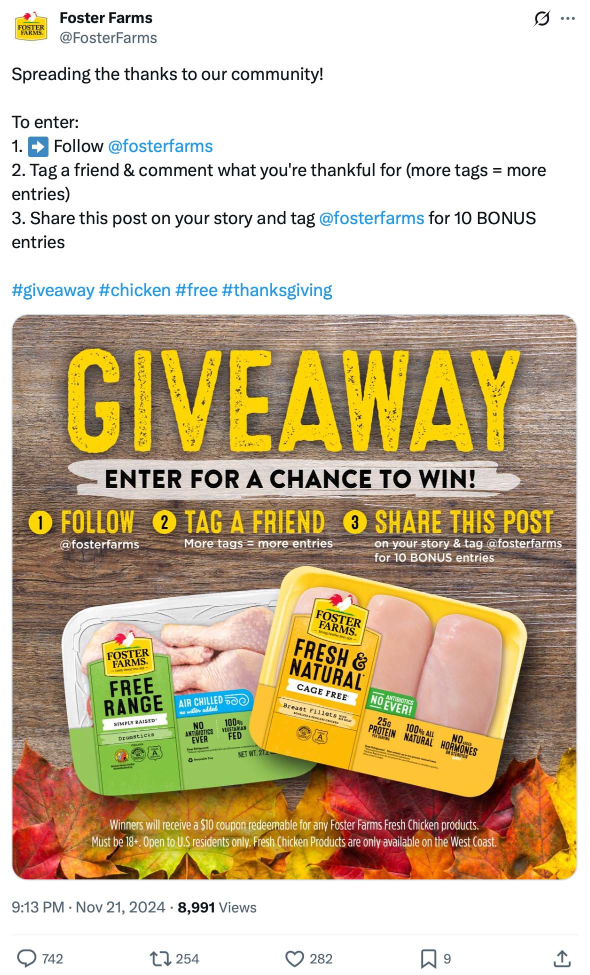 Foster Farms Thanksgiving giveaway post on X showing chicken packaging and entry steps to follow, tag a friend, and share