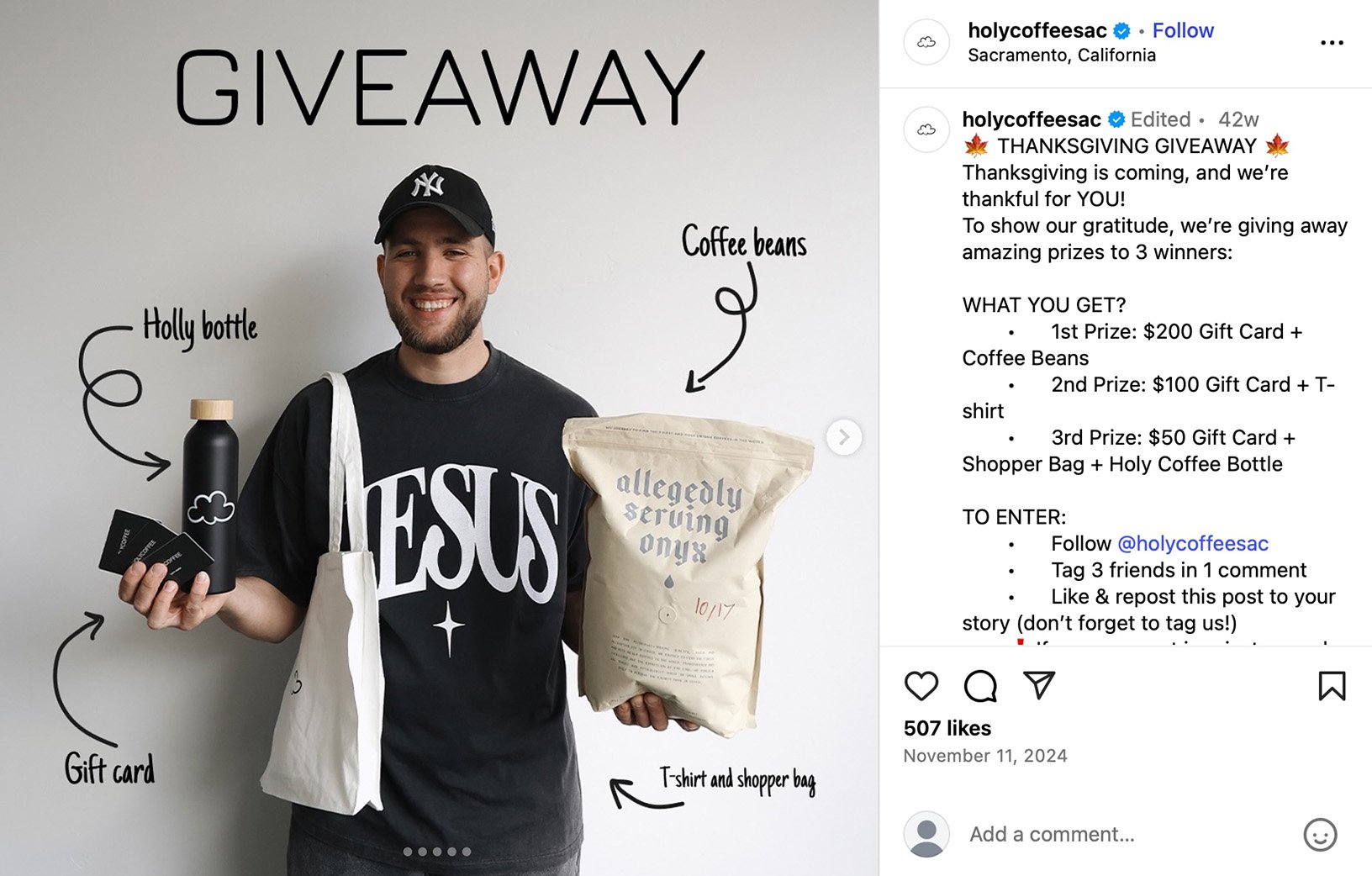 Instagram giveaway post showing a man holding coffee beans, a gift card, a bottle and a tote bag with arrows labelling each prize