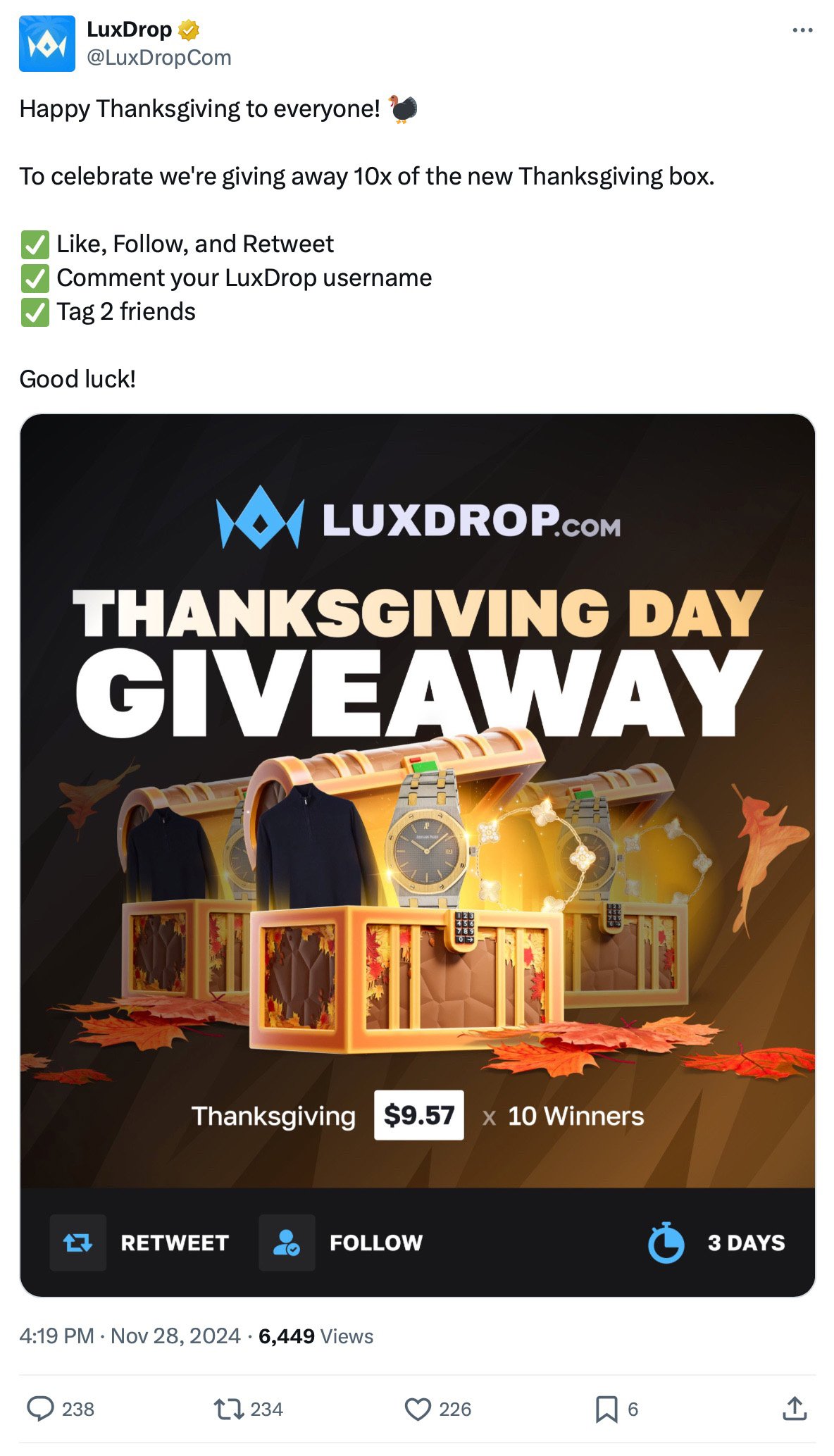 LuxDrop Thanksgiving Twitter giveaway post offering 10x Thanksgiving boxes