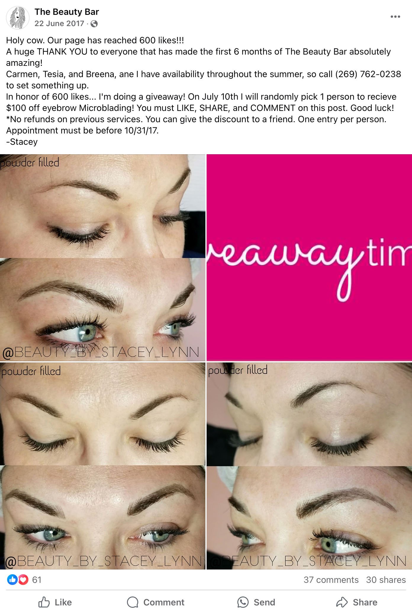 Before and after microblading eyebrow photos for The Beauty Bar giveaway