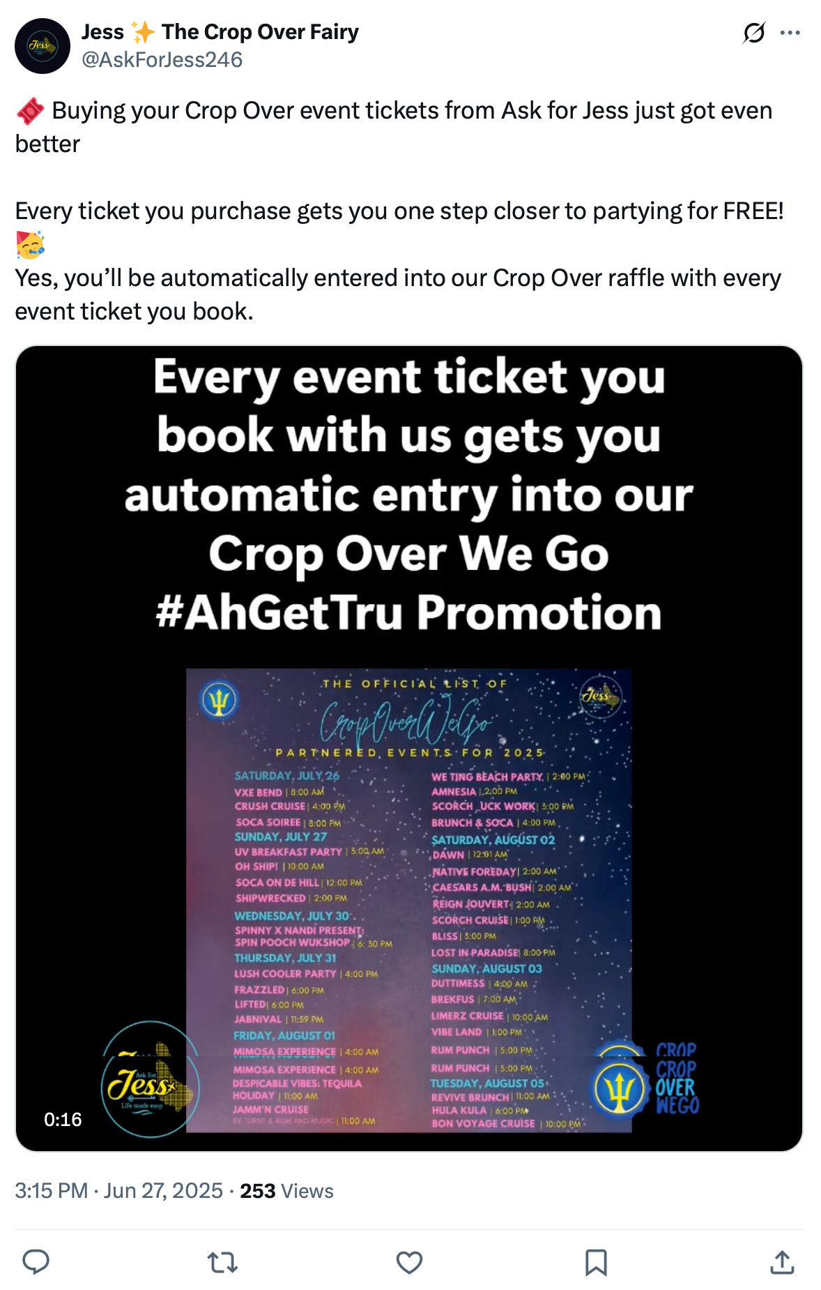 Ask for Jess promotes Crop Over raffle entry with every event ticket purchase Tweet from Ask for Jess promoting a Crop Over raffle where each ticket booked gives automatic entry