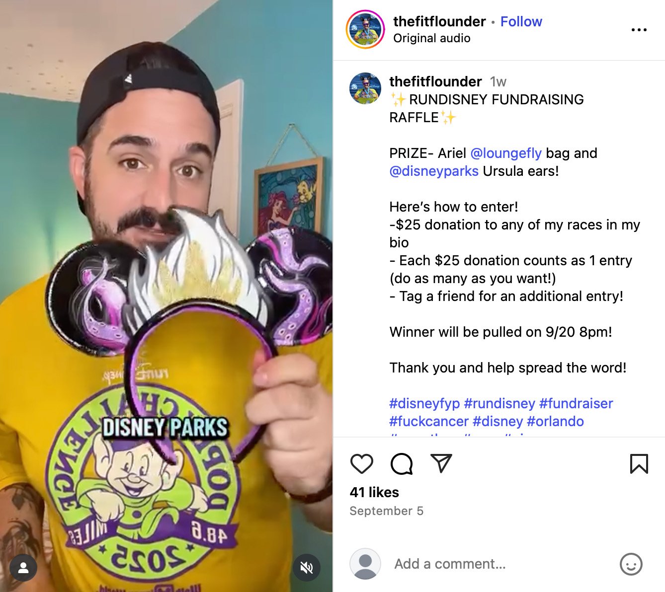 Man holding Disney Parks Ursula themed Mickey ears for a fundraising raffle