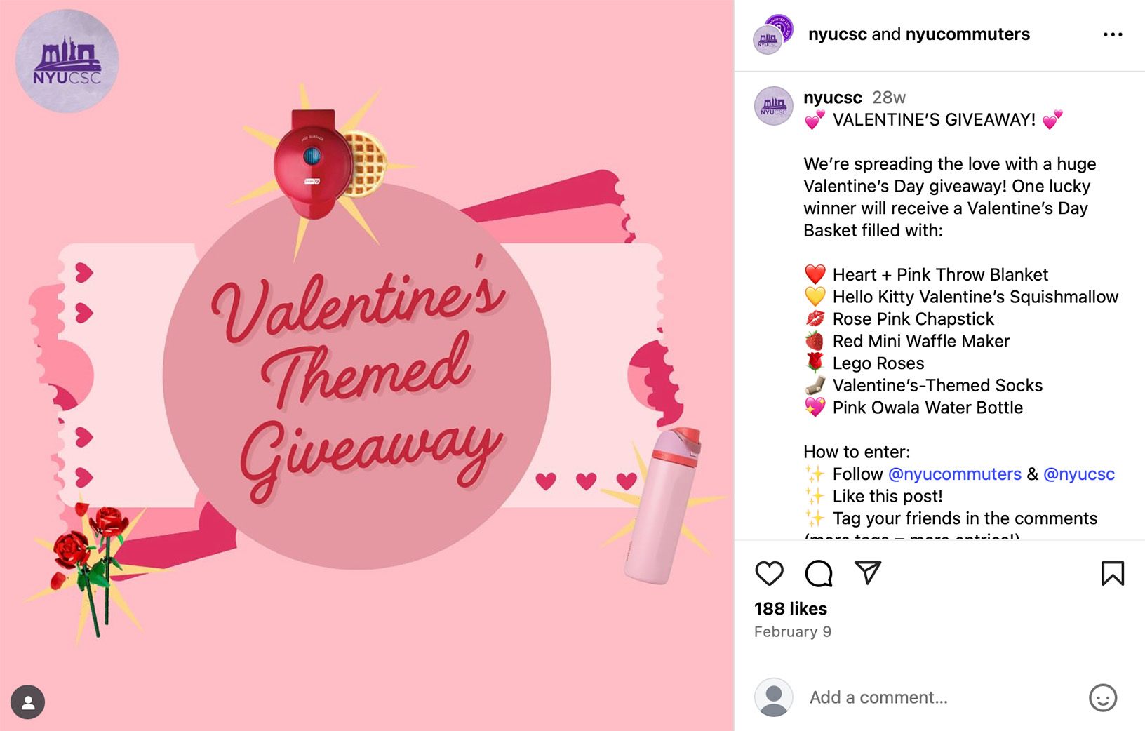 Valentines themed giveaway promotion on Instagram Instagram Valentines giveaway post with themed gifts and decorations on display