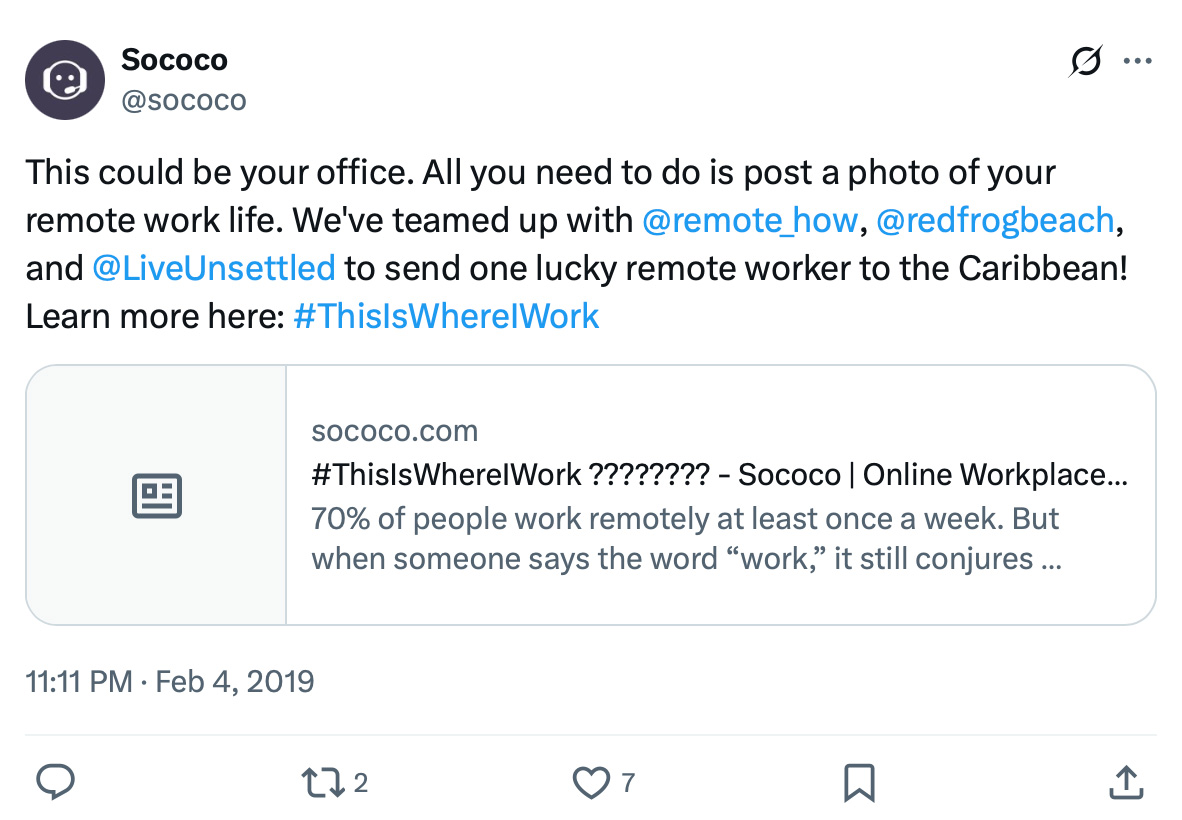 Twitter campaign promoting Sococo's virtual workspace experience Sococo remote work campaign on Twitter