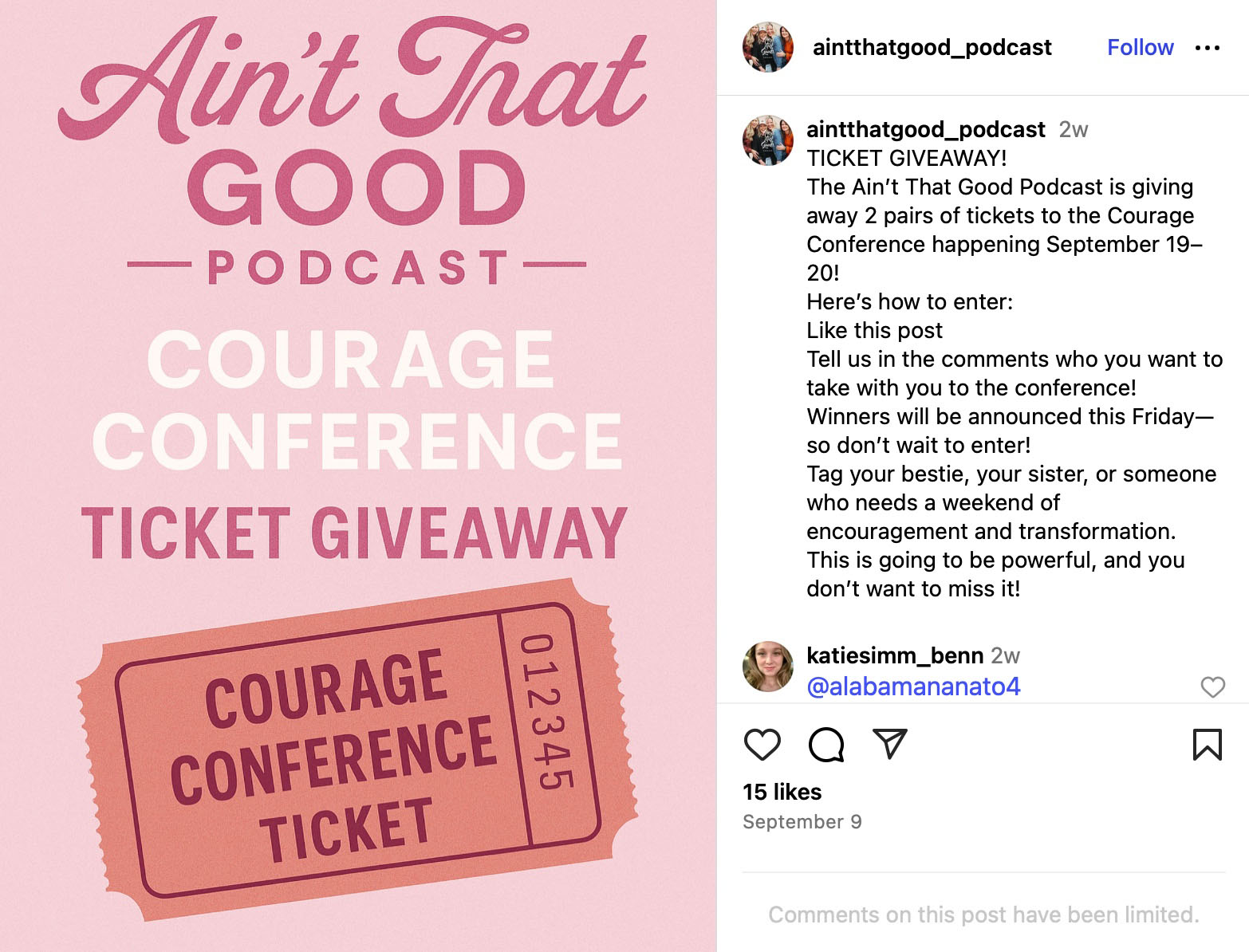 Giveaway graphic — Win tickets to the Courage Conference with Ain’t That Good Podcast Instagram giveaway graphic for Ain’t That Good Podcast offering Courage Conference ticket giveaway