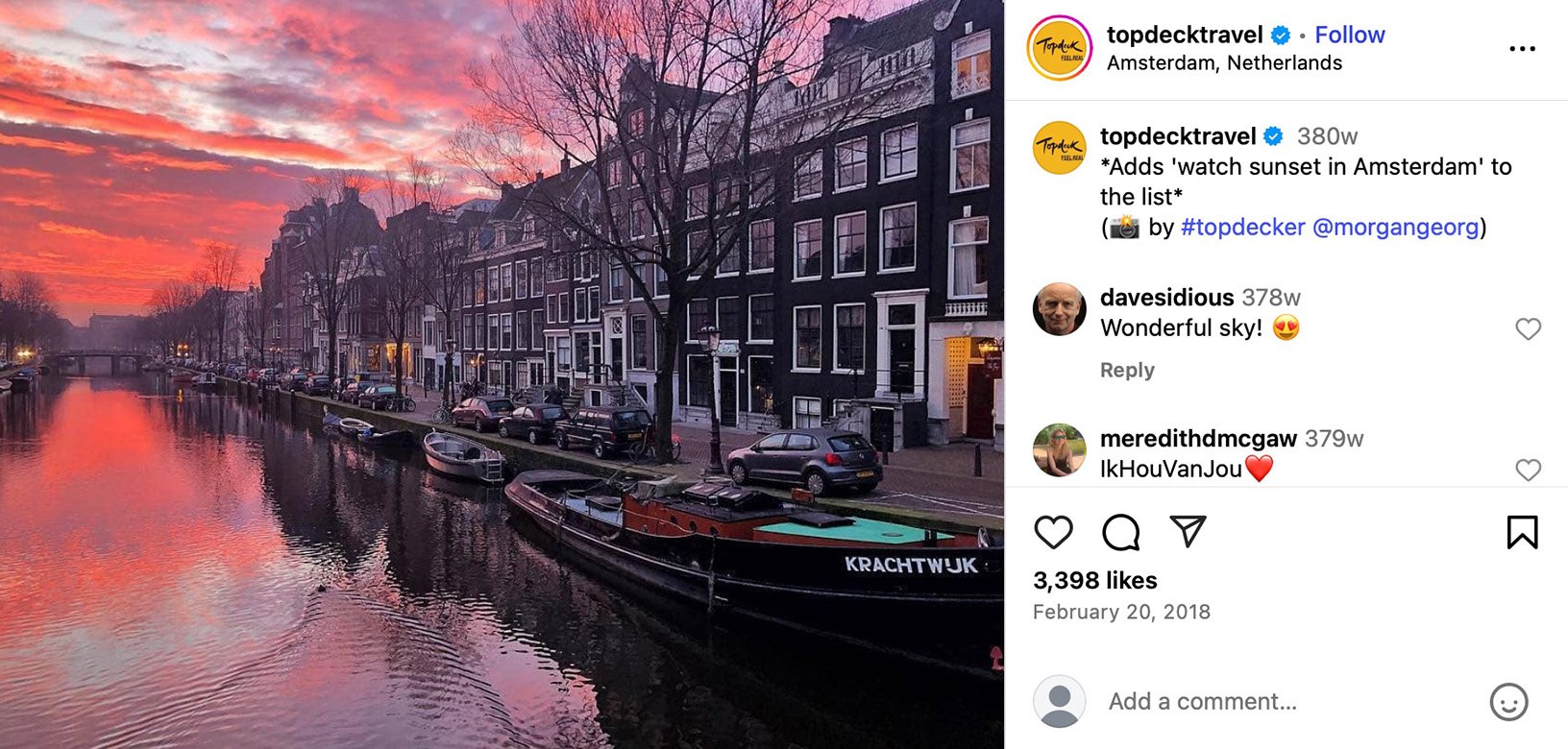 Topdeck Travel highlights a stunning Amsterdam sunset captured along the canal A canal in Amsterdam at sunset, with deep pink clouds glowing in the sky and canal houses reflecting in the water