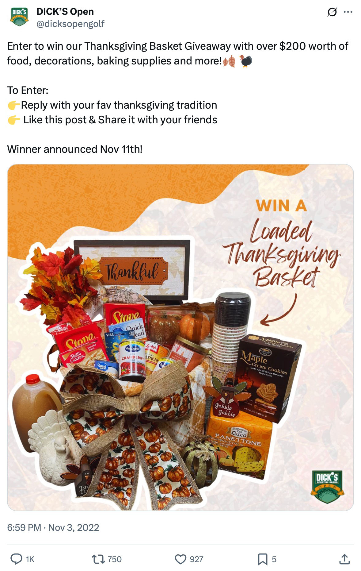 Thanksgiving giveaway post on X by Dick’s Open Golf asking followers to reply with their favourite Thanksgiving tradition for a chance to win a holiday basket