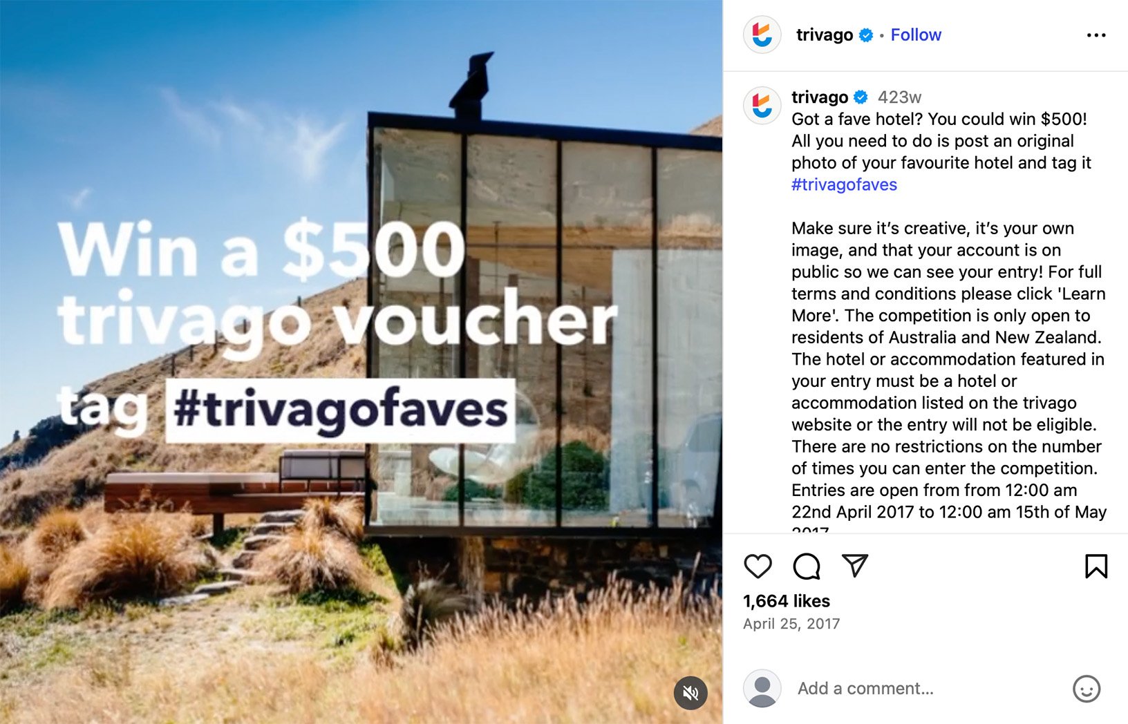 Trivago travel giveaway promotion on Instagram Trivago Instagram post featuring a giveaway or travel promotion with branded travel gear