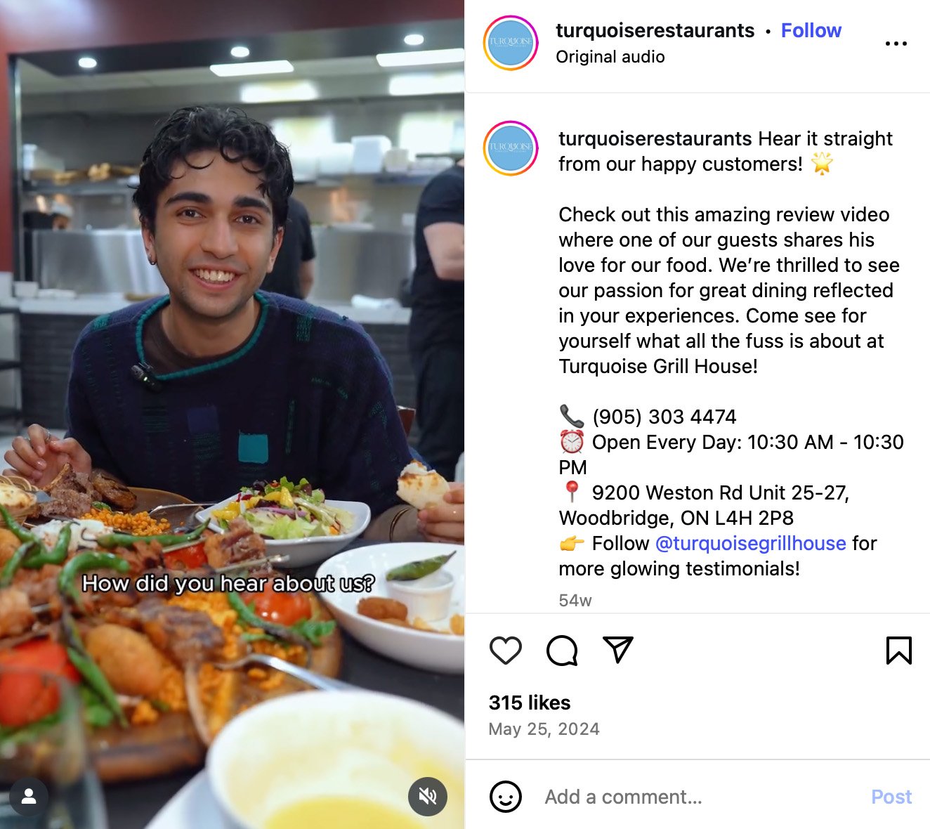 Turquoise Grill House shares glowing customer review in restaurant promo Smiling customer enjoying a Turkish meal at Turquoise Grill House with subtitle asking about their experience