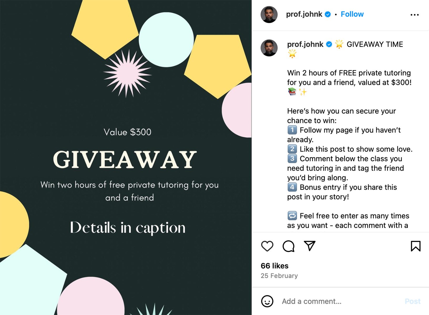 Tutoring giveaway example on Instagram