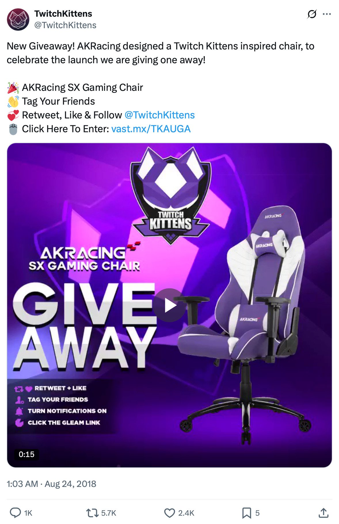 Twitter campaign for TwitchKittens gaming chair promotion TwitchKittens gaming chair giveaway on Twitter