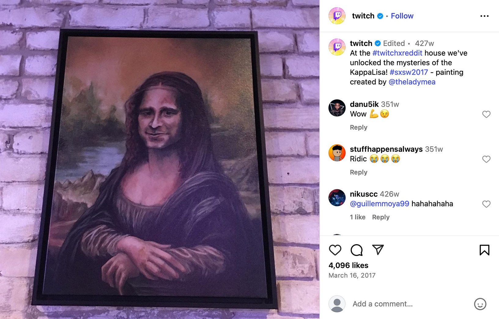 Twitch reveals 'KappaLisa' artwork at SXSW Framed parody painting of the Mona Lisa with the face of Twitch’s Kappa emote