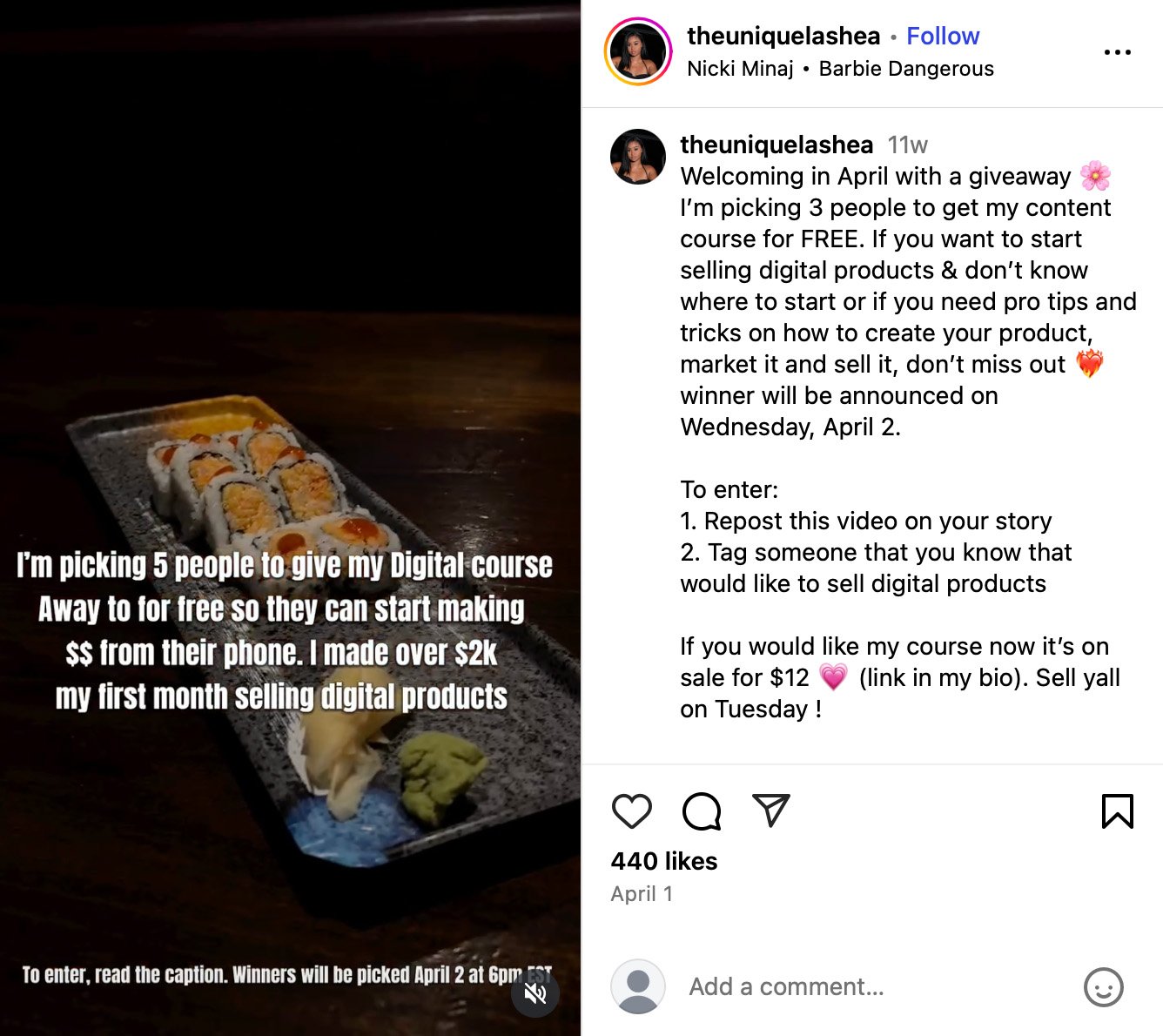 Digital course giveaway post by theuniquelashea helping people start selling products online Instagram giveaway offering a free digital course, shown with sushi in the background