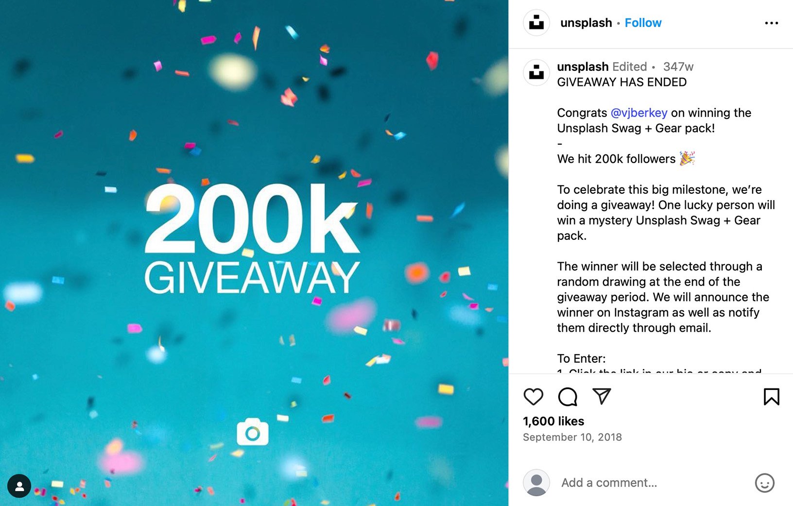 Instagram campaign for Unsplash promotional giveaway Unsplash giveaway promotion on Instagram