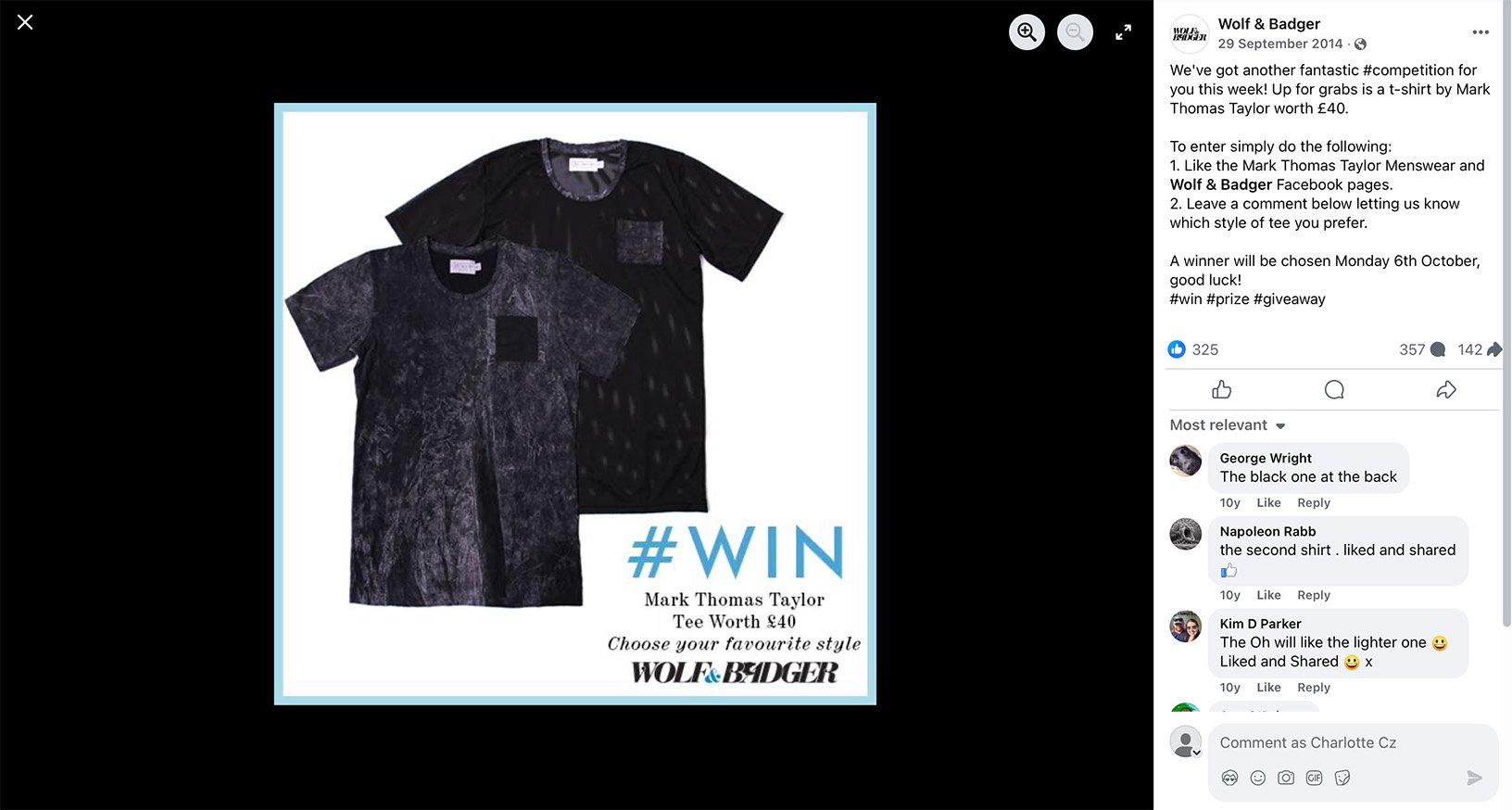 Facebook campaign for Wolf & Badger promotional giveaway Wolf & Badger giveaway promotion on Facebook