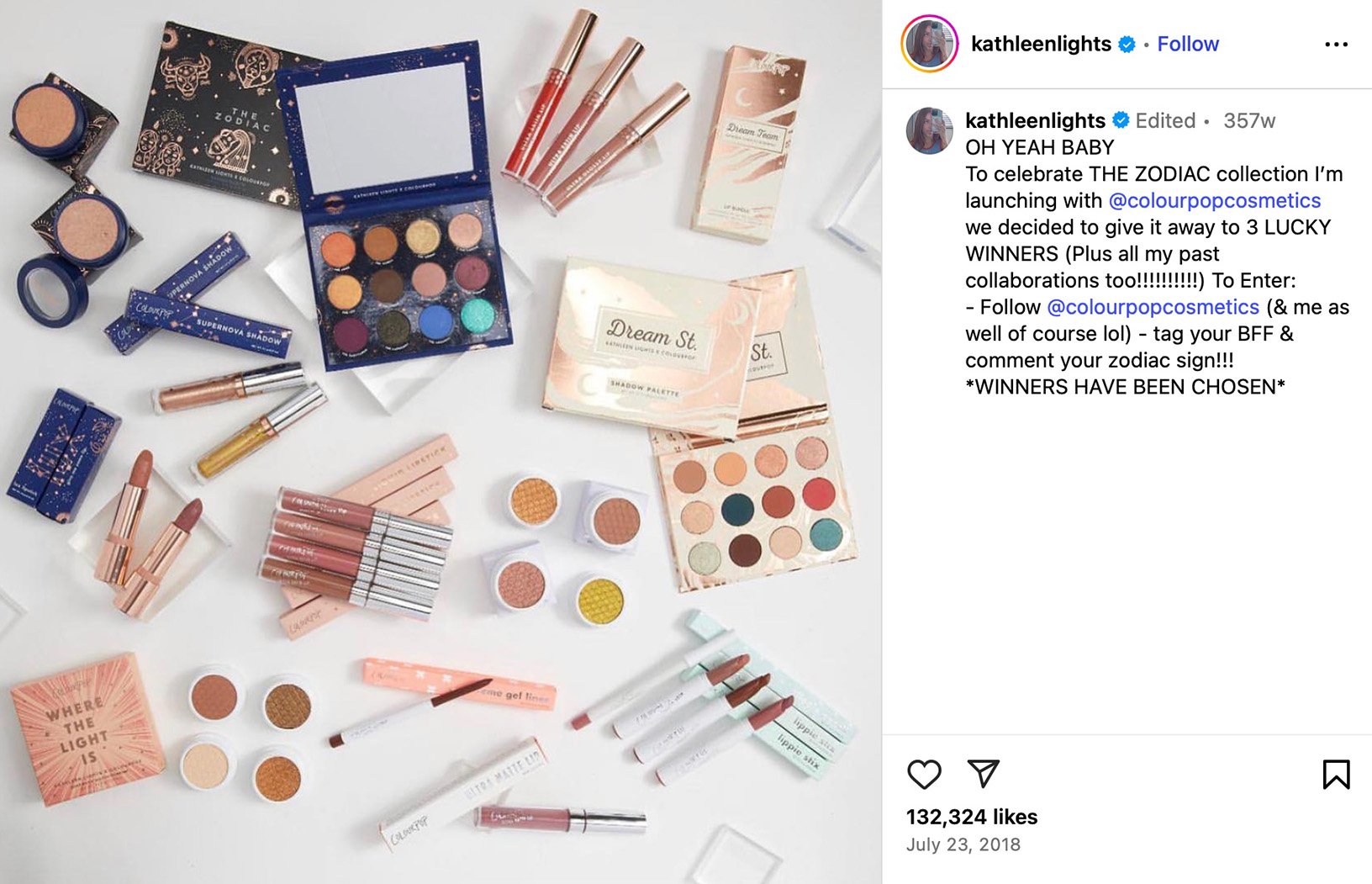 Flat lay of ColourPop Zodiac Collection makeup products