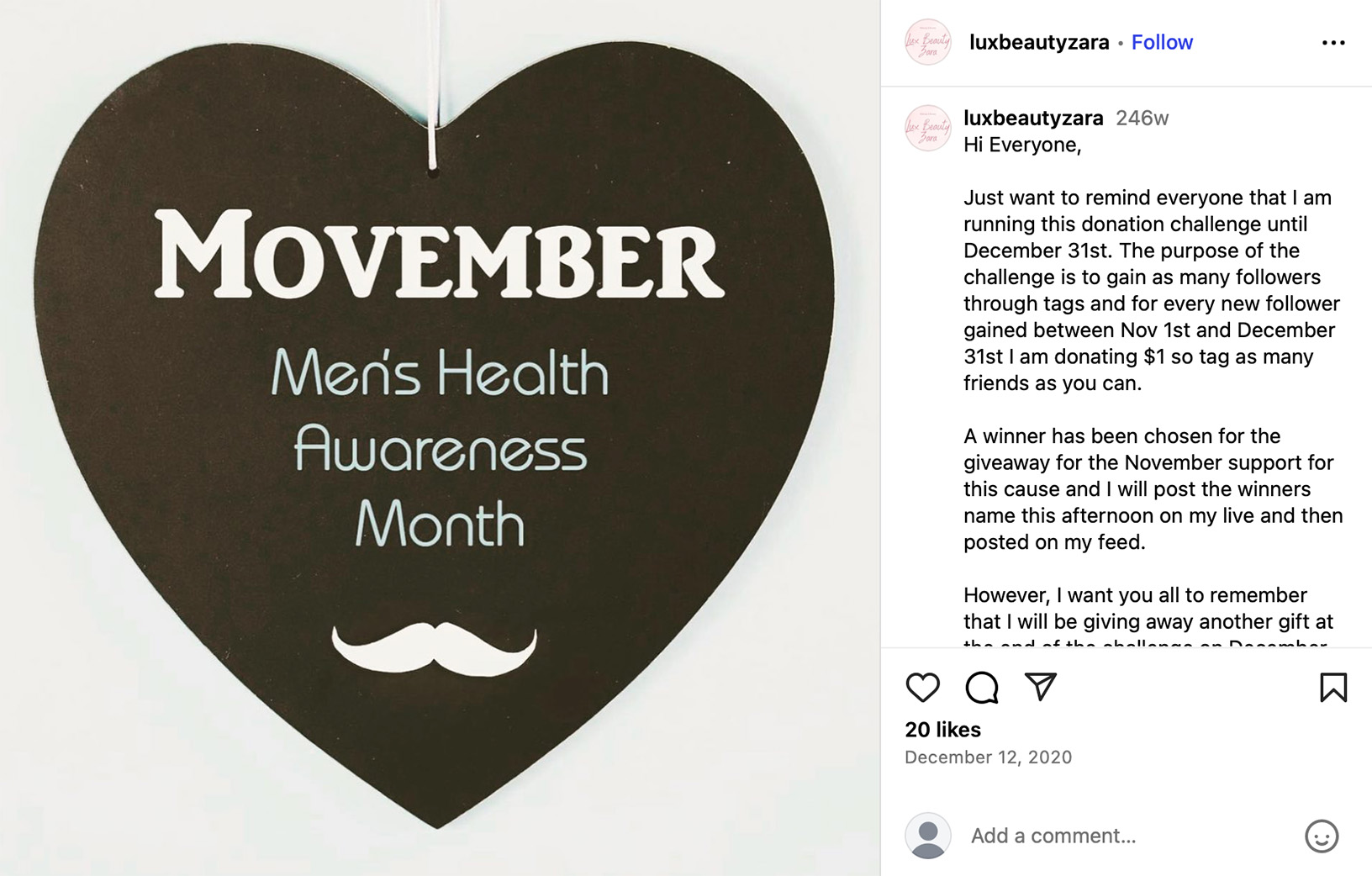 Instagram Movember giveaway encouraging followers to tag friends to raise donations