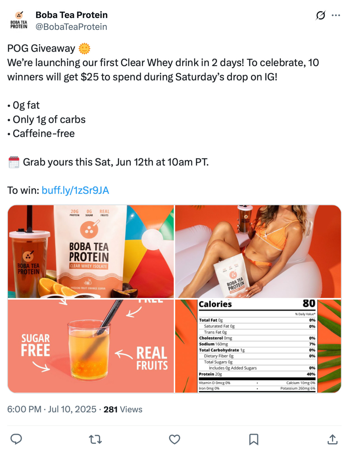 Boba Tea Protein Clear Whey drink giveaway announcement X post from Boba Tea Protein announcing a giveaway to promote their Clear Whey drink launch, highlighting nutrition facts such as 0g fat, 1g carbs, caffeine-free, with product and lifestyle images.