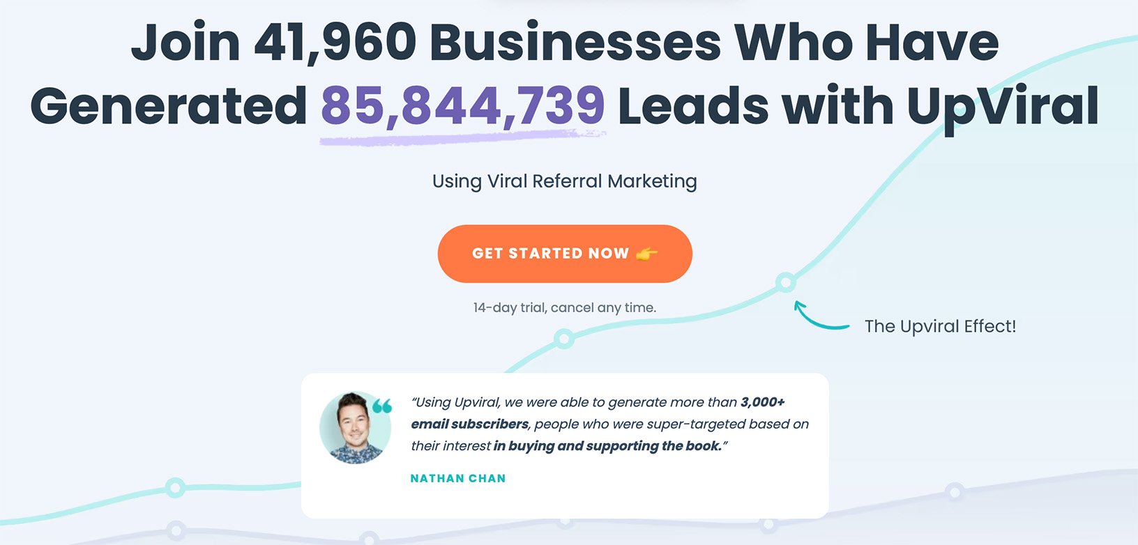 UpViral homepage highlighting 85 million leads generated and a testimonial from Nathan Chan