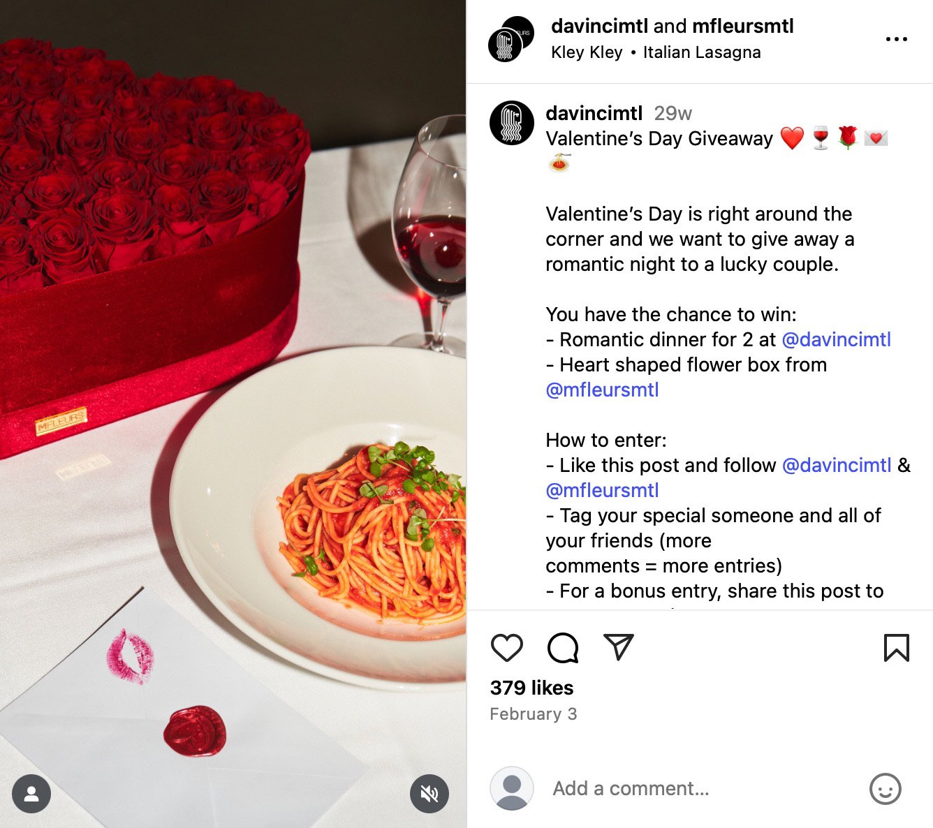 Valentines giveaway contest offering a romantic dinner and heart-shaped flower box Instagram Valentines giveaway post featuring a romantic dinner plate of pasta, a glass of wine, and a red heart-shaped flower box