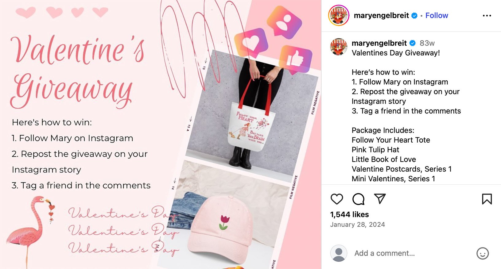 Valentine’s Day giveaway example on Instagram showing prizes and participation steps Instagram Valentine’s Day giveaway post with entry rules and prize items including tote bag and pink hat