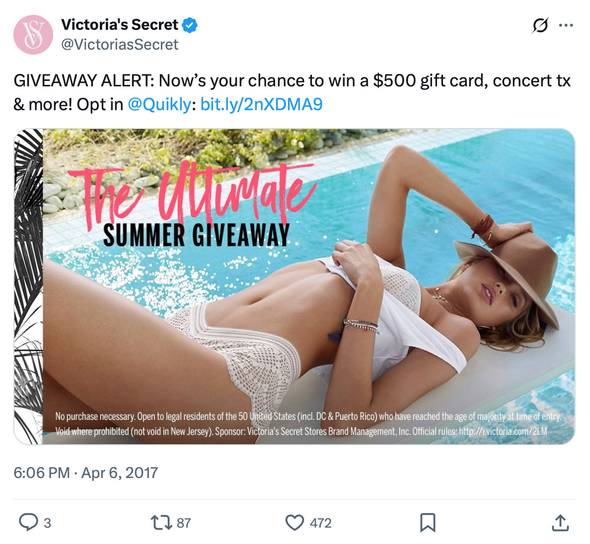 Twitter campaign for Victoria's Secret promotional giveaway Victoria's Secret giveaway promotion on Twitter