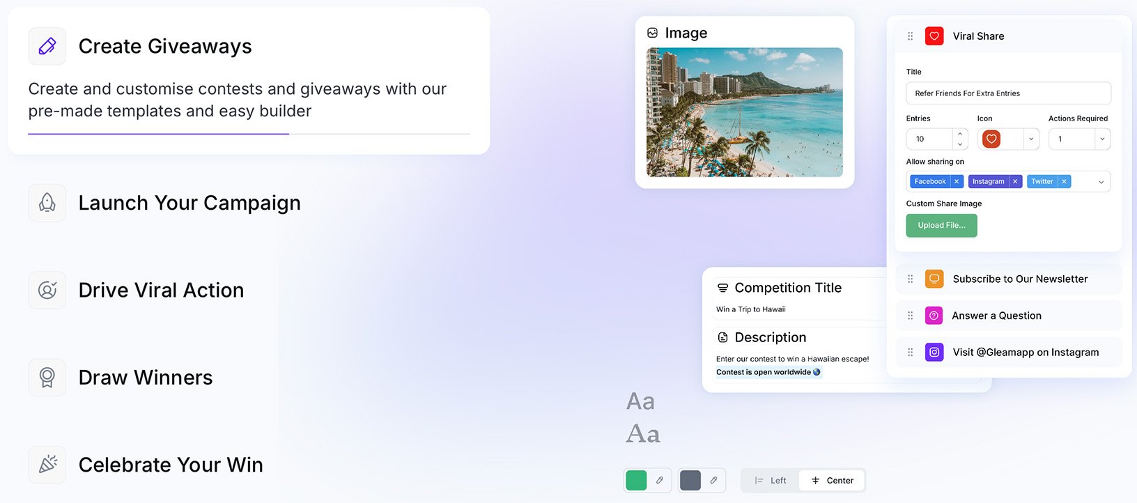 Modern giveaway tools with viral sharing, landing pages, and advanced customisation Example of a Gleam competition setup showing viral sharing, contest entry actions, newsletter subscription, and photo contest options