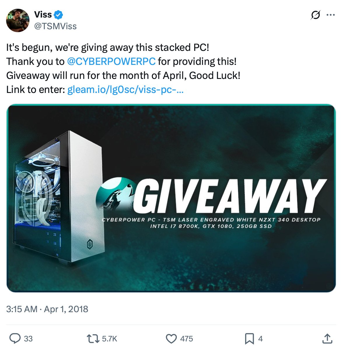 Viss PC Giveaway — Win a custom NZXT rig powered by CyberPowerPC Twitter post by Viss announcing a CyberPowerPC giveaway featuring a high-spec white desktop PC