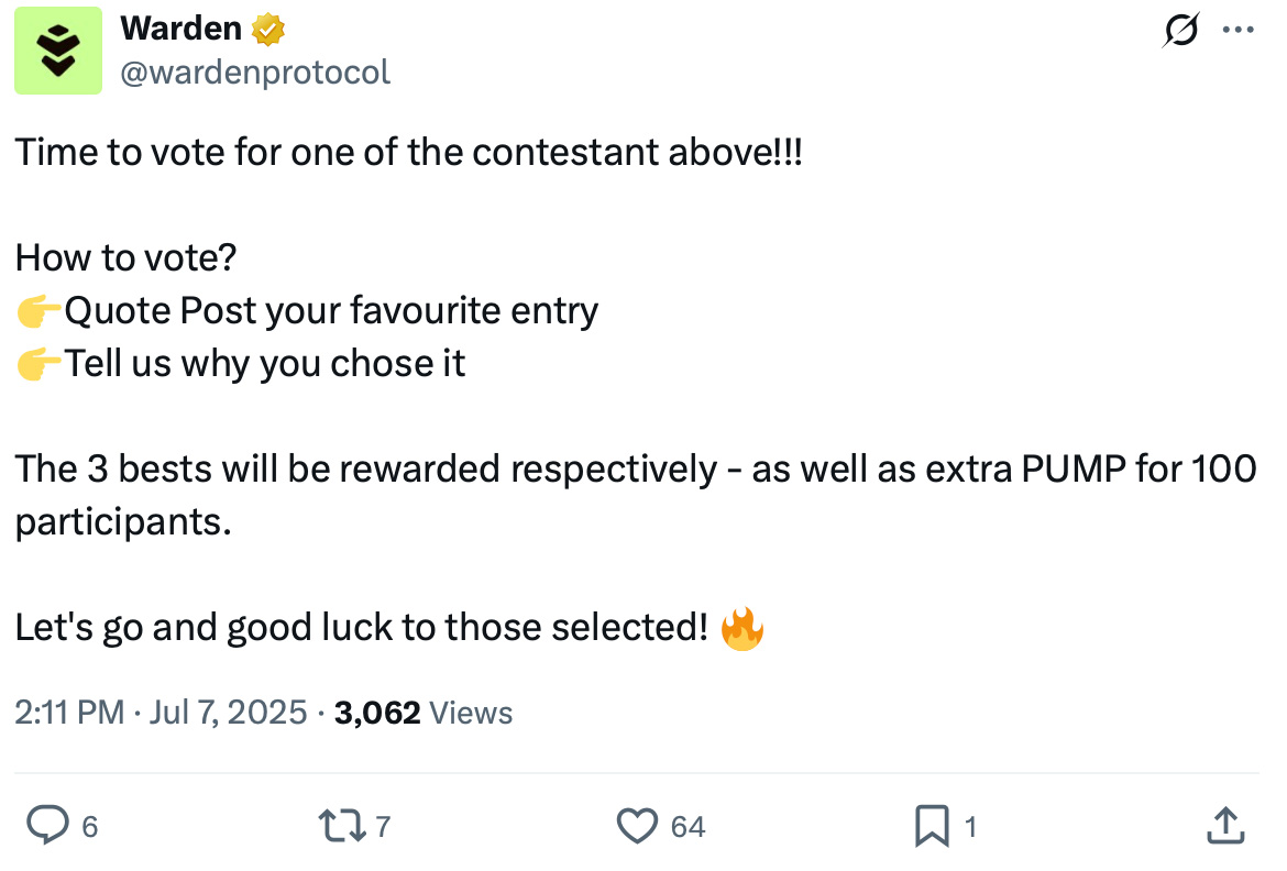 Voting instructions tweet for selecting contest winners with rewards for top entries Tweet from @wardenprotocol explaining how to vote by quote posting your favourite entry and explaining why