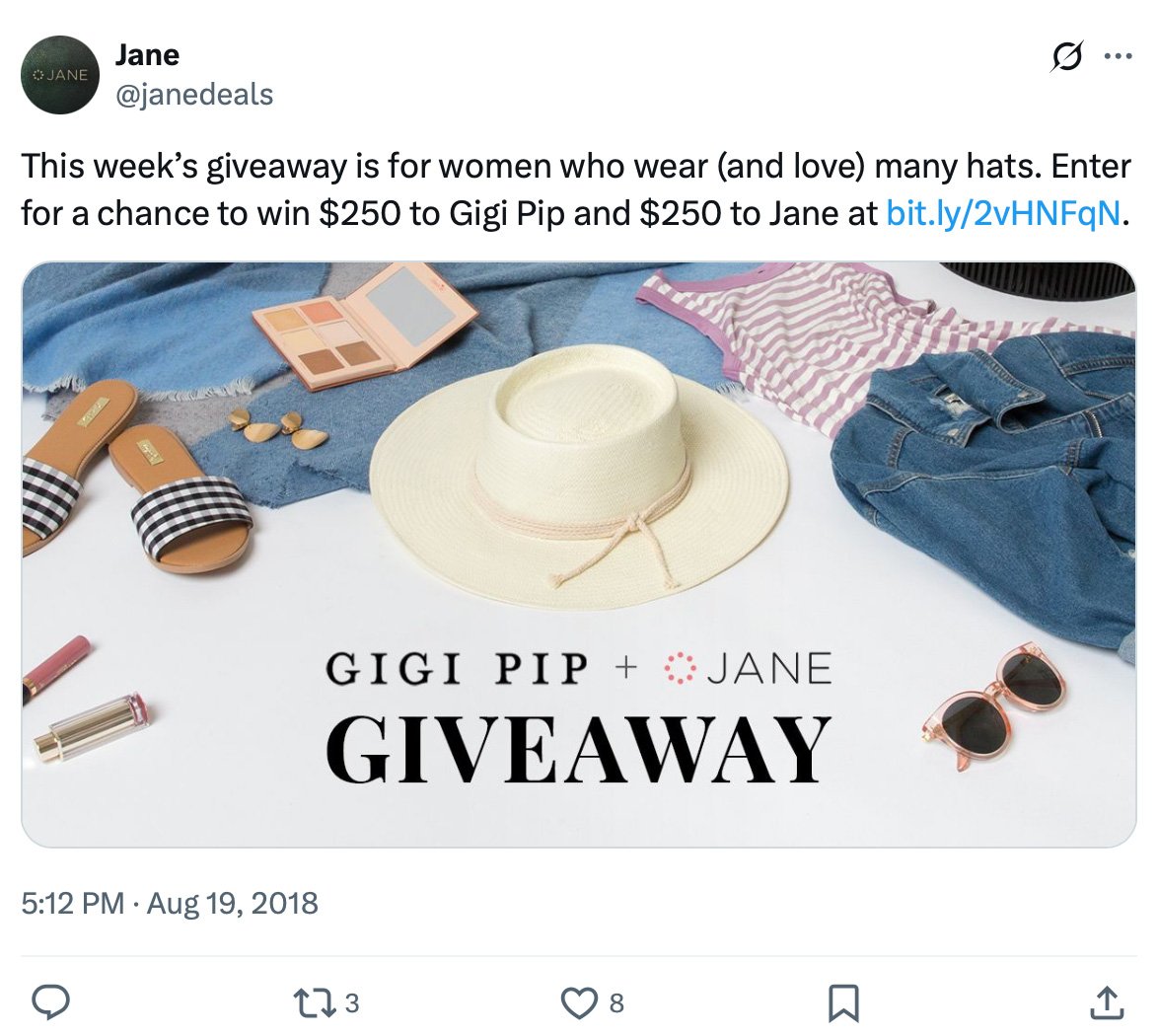 Twitter campaign for Jane promotional giveaway Jane giveaway campaign on Twitter featuring hats promotion