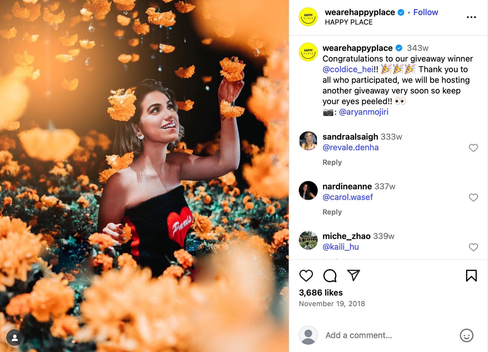 Chapter at Eugene Instagram post celebrating giveaway winner Eliana with a gift card prize Giveaway winner Eliana holding a gift card in front of the Chapter at Eugene signage