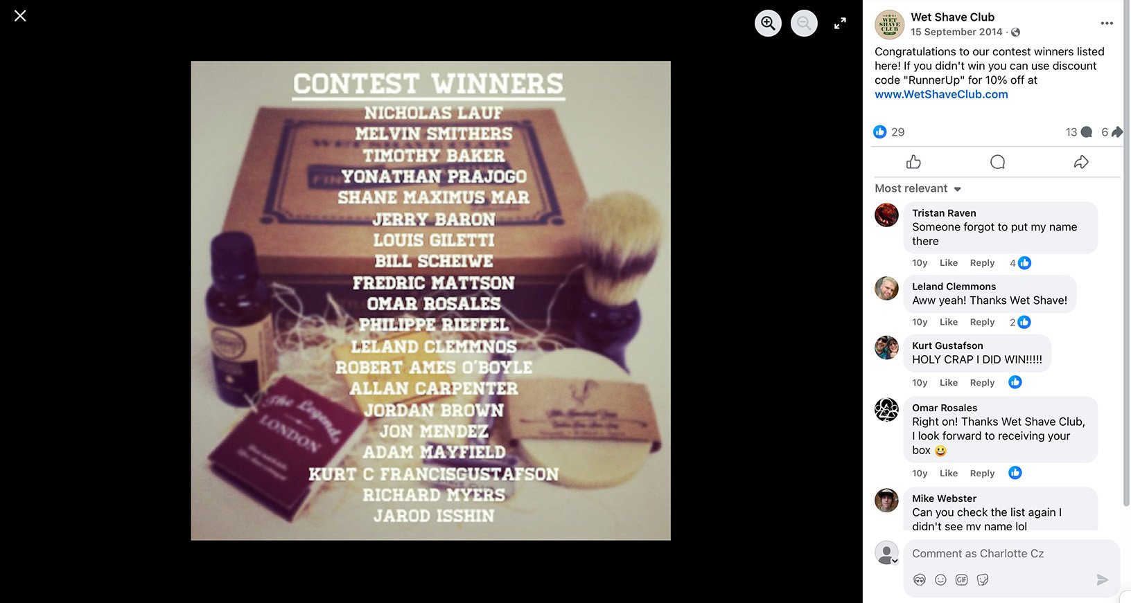 Facebook campaign for Wet Shave Club promotional giveaway Wet Shave Club giveaway promotion on Facebook