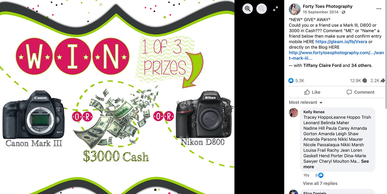 Facebook campaign promoting Forty Toes Photography giveaway Forty Toes Photography Facebook giveaway post with three prize options