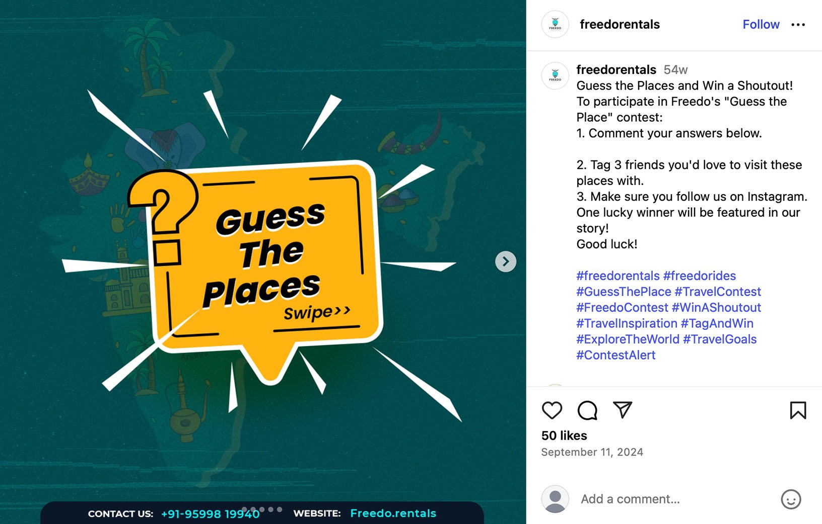 Giveaway graphic — Guess the places contest to win a shoutout Instagram contest post by Freedo Rentals: Guess the Places and win a shoutout