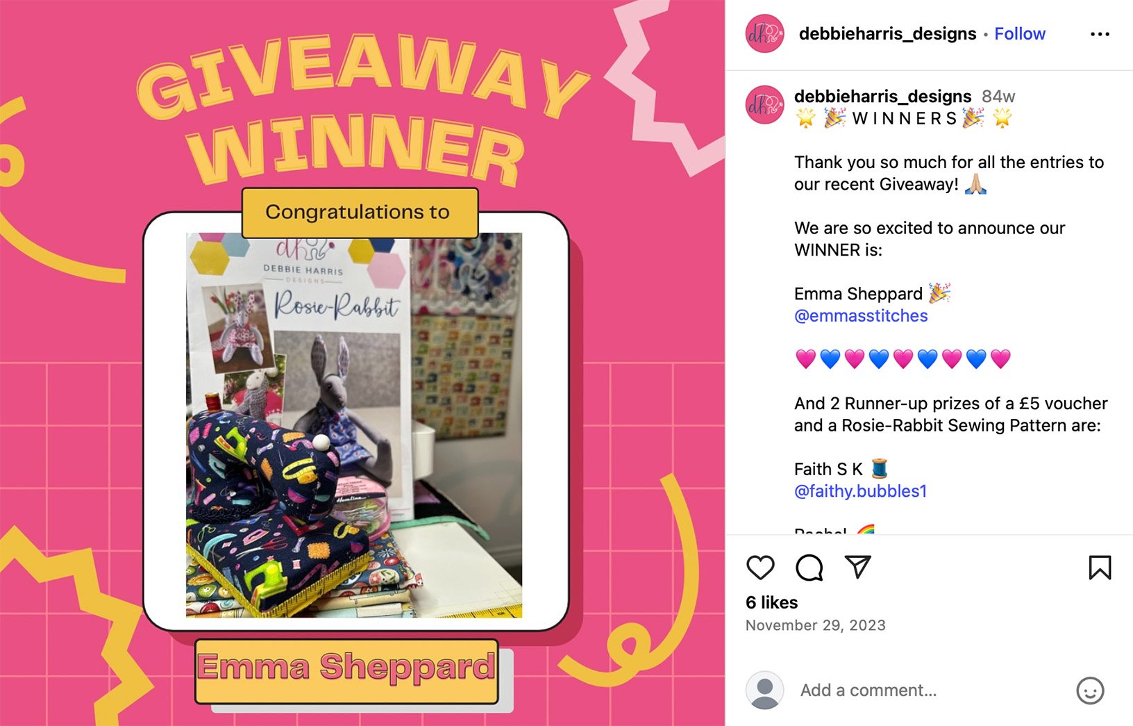 Instagram giveaway winner announcement featuring Rosie-Rabbit prize pack Instagram post announcing a giveaway winner with colourful Rosie-Rabbit prizes and the name Emma Sheppard