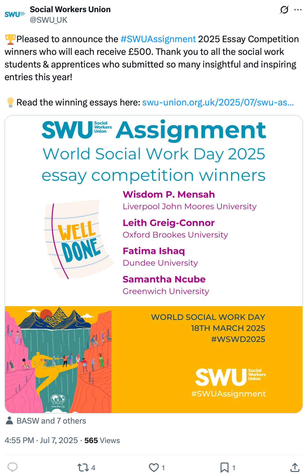 Social Workers Union announces 2025 essay competition winners with prize details and names