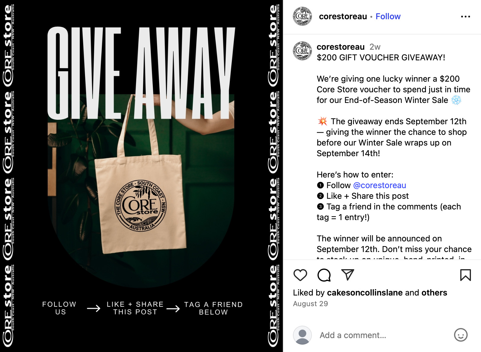 Core Store drives awareness with a giveaway campaign linked to their seasonal sale Core Store promotes a $200 voucher giveaway tied to their End-of-Season Winter Sale with clear entry steps