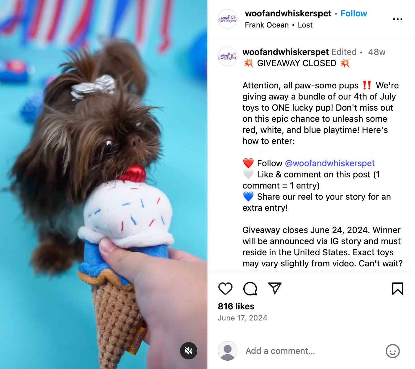 Instagram post featuring a dog-themed giveaway with pet accessories and playful branding